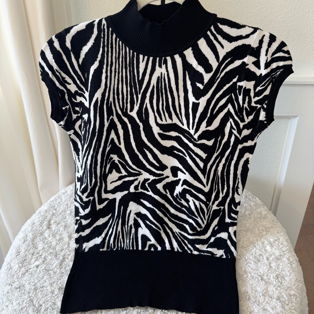 Cache Black Zebra Print Mock Neck Top, Women’s size M